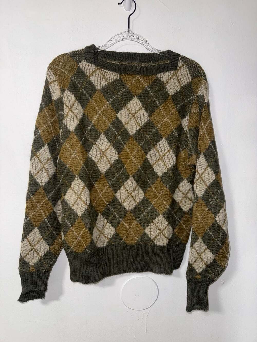 Mollie Hunt Vintage Wool and Mohair Argyle Pattern Crewneck Sweater Green Brown